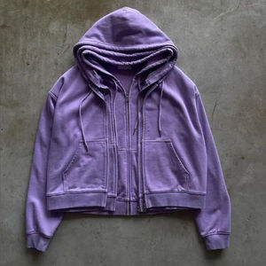 Sweat à capuche triple couche zippé, effet délavé, design personnalisé, couleur unie, style streetwear, avec triple fermeture éclair - Product Image 4