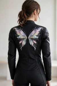 เสื้อแจ็คเก็ตหนังสีดำสำหรับผู้หญิง  ลายปั๊มรูปผีเสื้อ  คอตั้ง  ซิปหน้า  แขนยาว  สไตล์นักขี่มอเตอร์ไซค์ - Product Image 2