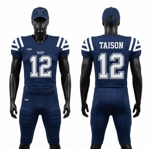 Uniforme de football américain pour hommes en polyester premium, maille 200 GSM, bleu marine, panneaux rayés blancs, logo personnalisé, ensemble d'équipe en twill - Product Image 1
