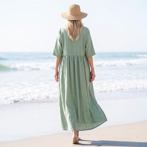 Vestido Midi de Algodón 100% Hecho a Mano con Mangas 3/4, Cintura Alta, Botones Delanteros, Bolsillos, Estilo Vintage, Casual de Verano, Corte en A - Product Image 2