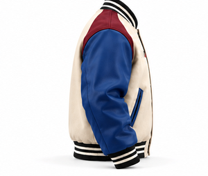 Chaqueta Varsity Tricolor para Hombre al por Mayor, Color Blanco Hueso, con Mangas de Cuero Azul, Dobladillo y Puños a Rayas, OEM - Product Image 3