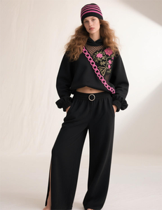 Custom Women's <b>Embroidery</b> Streetwear Heavy Pullover Tracksuit Vintage Distressed Embroidered Flared Sweatpants and Hoodie <b>Set</b> - Product Image 1