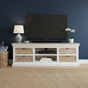 Meuble TV Industriel en Bois Massif Réglable avec Rangement à 4 Compartiments, Design Moderne, Finition Blanc Naturel pour Salon et Salle à Manger - Product Image 1