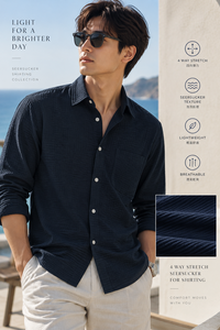 SWN-TK0124 <b>Eco</b> <b>Friendly</b> Oyster Shell Seawool 4 Way Stretch Nylon Spandex Breathable Seersucker Shirting <b>Fabric</b> - Product Image 2