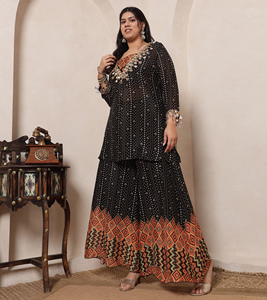 DEEBACO Women's Bandhani Print Pure Viscose Chinnon Full Length Crop Top with Tunic & Sharara Cord <b>Set</b> For Women Fashion Western - Product Image 4