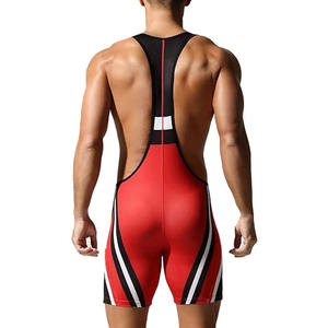 <b>Men</b> Wrestling <b>Singlet</b> Red Black White Stripe Deep V Neck Racerback Spandex Polyester Quick Dry Breathable Training Uniform - Product Image 3
