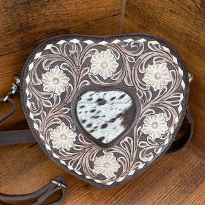 Best Seller Hair on Tooled Leather Heart Shaped Crossbody Bag for Women's Western Genuine Leather Floral Purse Cowhide Handbags - Product Image 4