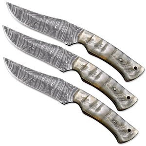 Damascus Steel Drop Point Hunting Knife Set 3pc Bevel Edge DIY Grade With Wooden Handle - Product Image 1