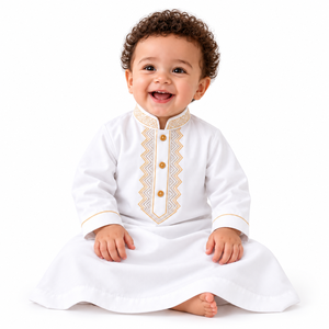 Thobe blanc pour bébés garçons avec bordure dorée, manches longues, Jubba Kandura islamique, vêtements arabes musulmans pour nourrissons et tout-petits, vêtements pour l'Aïd - Product Image 1