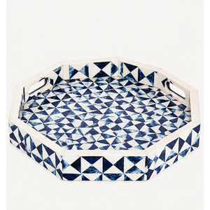 Bandeja Decorativa Octogonal Hecha a Mano con Incrustaciones de Hueso, Bandeja de Servicio Geométrica de Resina Azul y Blanca para Mesa de Centro de Lujo, Decoración del Hogar - Product Image 1