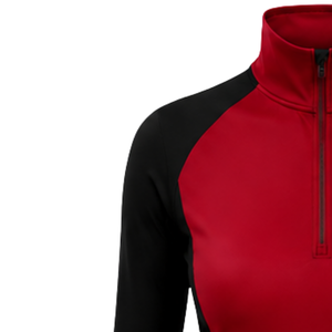 Women Quarter Zip Athletic <b>Top</b> Crimson <b>Red</b> <b>Long</b> <b>Sleeve</b> Fitted Sports Training Shirt High Collar Thumbhole Performance Activewear - Product Image 5