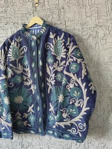 Blue Embroidered Suzani Velvet Short Jacket Statement Outerwear Coat Velvet Blazer Unisex Jacket Gift For <b>Wife</b> Bridal Jacket - Product Image 4