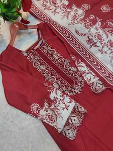 Conjunto de Salwar Kameez de Seda Roja Granate de Lujo con Bordado de Hilo Blanco, Kurta Recta y Pantalones Palazzo, Ropa Festiva India y Pakistaní - Product Image 3