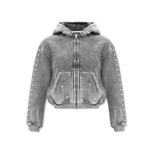 Sweat à capuche pour homme style streetwear, zippé, en coton délavé à l'acide, orné de perles et pierres précieuses, en vente - Product Image 3
