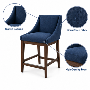 Tabouret de bar moderne en tissu bleu avec structure en bois, design contemporain pour comptoir de bar à domicile, chaise de bar, tabouret de bar - Product Image 5