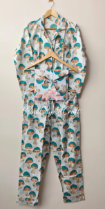 Handmade 100% Cotton Summer Mushroom Print Women's Full-Sleeve Button-<b>Down</b> Pajama Set Quick Dry Breathable Fabric Elastic Waist - Product Image 4