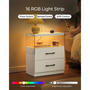 White Adjustable <b>LED</b> Nightstand with 2 Drawers <b>Bedside</b> <b>Table</b> with Various Light Colors - Product Image 3