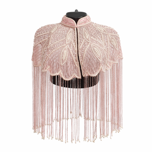 Ellora Cape d'épaule en nylon rose poudré perlée pour femme, avec franges de perles et pompons, transparente, pour robe de soirée, châle ou surplongeant de mariée - Product Image 1