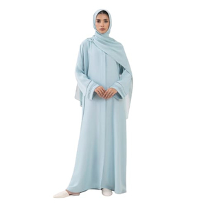 Light Blue <b>Long</b> Sleeve Floor Length Abaya <b>For</b> Women Modest Muslim Clothing Solid Color Polyester Loose Fit Middle East Style - Product Image 1