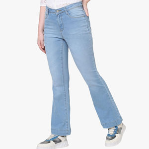 Pantalon en jean pour femme, coupe ajustée taille haute, jambe large évasée, couleur personnalisée, nouveau design, logo personnalisé - Product Image 2