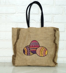 Sac fourre-tout bohème en jute avec motif de dessin animé brodé, fermeture ouverte, pour femme, usage quotidien printanier, écologique, à porter à l'épaule - Product Image 1