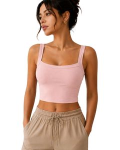 Débardeur court rose clair à col carré pour femme, sans manches, en coton et élasthanne extensible, idéal pour le fitness, le yoga, décontracté, été, basique, personnalisable - Product Image 1