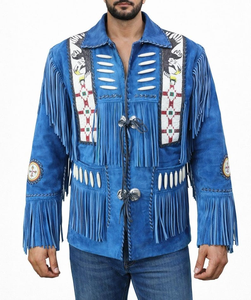 <b>Mens</b> Blue <b>Suede</b> Western Fringe <b>Jacket</b> Western Beaded Cowboy Leather Coat Vintage Rodeo Style - Product Image 6