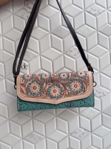 High Quality Hand <b>Tooled</b> Carving <b>Leather</b> Clutch Stylish Turquoise Colour Multi Uses Western Women's Cross Body Wallets Daily Use - Product Image 4