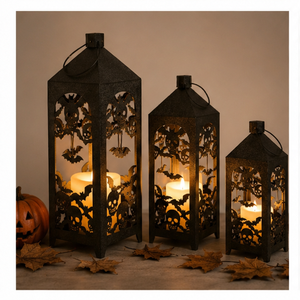 Vintage Black Metal Halloween <b>Candle</b> <b>Lantern</b> with Spooky Bat and Skull Cutouts Vintage Hanging Decorative <b>Lantern</b> For Party - Product Image 4