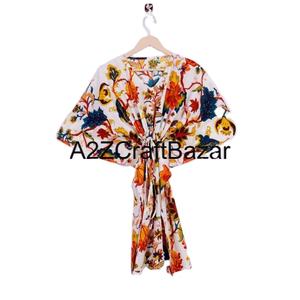 Kaftan en coton floral fait main pour femme, robe courte, paréo de plage, imprimé au bloc, vêtement de nuit, robe longue, caftan pour femme - Product Image 1