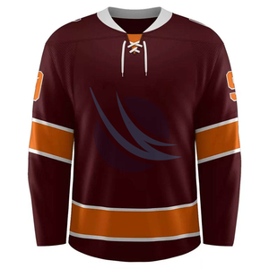 เสื้อฮอกกี้น้ำแข็งผู้ชายสั่งทำพิเศษ สีแดงเลือดหมู-ส้ม โพลีเอสเตอร์พิมพ์ลายแบบ Sublimation แขนยาว ปิดด้วยเชือกผูก ไซส์ผู้ใหญ่ 15 หมายเลขทีม - Product Image 1