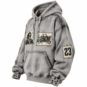 Custom Printed Hooded <b>Spray</b> Style Sweatshirt Unisex Oversized French Terry Cotton Streetwear Patchwork Design Front Pocket - Product Image 2