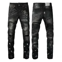 Jeans slim droits pour hommes, style motard, déchirés, délavés, taille mi-haute, en tissu tissé, avec broderies et boutons - Hiver/Printemps