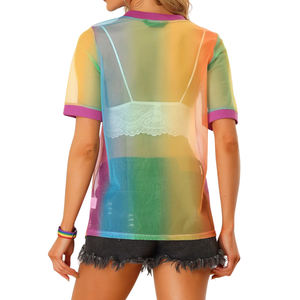 Haut en maille transparente pour femmes, respirant, manches courtes, plage, resort, couverture, tee-shirt d'été, fournisseur en gros - Product Image 2