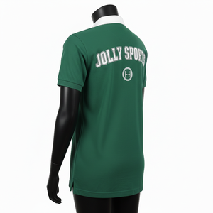 Maillot de rugby pour femme en jersey de coton épais vert forêt avec empiècements rayés blancs et patch en chenille, logo personnalisé. Maillot de rugby pour femme en coton. - Product Image 5