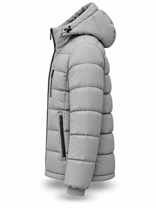 Men's Gray Hooded Puffer Jacket <b>Waterproof</b> Quick Dry Front Logo Windproof Zipper Closure 100% Polyester <b>Winter</b> Casual <b>Coat</b> - Product Image 4