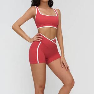 Ensemble de shorts de yoga taille haute et soutien-gorge de sport pour femmes, personnalisable en gros, avec contraste de couleurs, sans couture, respirant et léger, tenue de fitness - Product Image 2
