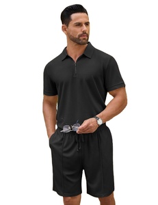 Ensemble 2 pièces pour homme, haut polo zippé en maille florale en polyester et short, respirant, léger, tenue décontractée d'été, gym, course à pied - Product Image 1