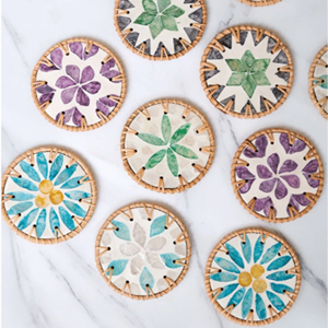 Rattan <b>Coasters</b> and place mats with mother of pearl inlay natural rattan and shell material for table protection <b>drink</b> <b>coaster</b> - Product Image 2