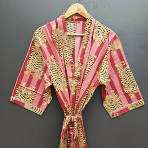 Bata Kimono con Estampado de Dibujos Animados para Mujer, 100% Algodón Transpirable, Camisón de Verano Hecho a Mano, Cuello en V, Cintura Elástica, Largo Completo - Product Image 1