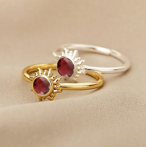 Natural Garnet Gemstone Sunburst <b>Rings</b> - Gold Plated <b>Adjustable</b> <b>Ring</b> for Women Jewelry - Product Image 2