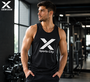 X Sports City Men's Custom Gym & Athletic <b>Stringers</b> Tank Top Black Color Crew Neck Sleeveless 100% Cotton <b>Vest</b> All Seasons OEM - Product Image 2