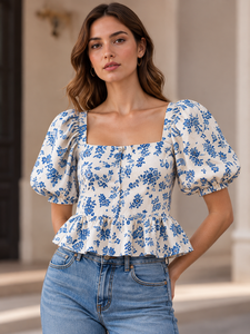 Blusa de Mujer con Estampado Floral, Cuello Cuadrado, Manga Abullonada con Volantes, Corte Regular, Ropa Casual y de Moda para Primavera/Verano - Product Image 1
