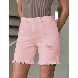 Shorts en jean déchirés taille haute pour femme, style décontracté et tendance, avec ourlet brut et boutons, modèle long 2026 - Product Image 6