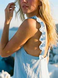 ชุดเดรสผ้าลินินสีฟ้าอ่อนสำหรับผู้หญิง แขนกุด สายรัดระบาย ทรงเอไลน์ ชุดลำลองฤดูร้อน - Product Image 3