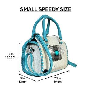 Bolsos de mano tipo bandolera Speedy pequeños de cuero genuino de vaca con pelo, de lujo, con concho de piedra turquesa, para unisex. - Product Image 2