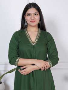 Ensemble coordonné élégant vert pour femme, robe décontractée à col en V ornée de dentelle, coupe trapèze, 100 % coton, kurta et pantalon droit pour le quotidien, style ethnique - Product Image 4