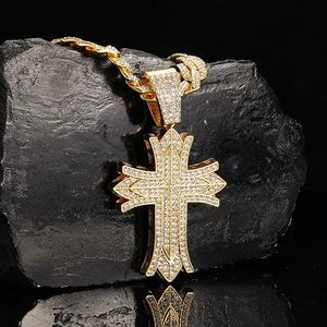 <b>Iced</b> <b>Out</b> Cross Pendant 18K Gold Plated CZ Rhinestone Hip Hop Men's Religious Charm Jewelry Alloy <b>Chain</b> Necklace - Product Image 1