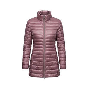 Women's Quilted Jacket Full Sleeve Stand Collar Long Length Polyester Filling Winter Coat Solid Color Zipper Closure - Product Image 1