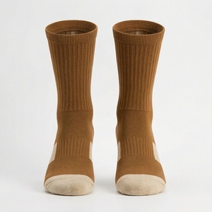 Crew <b>Socks</b> Solid Color Knitted Breathable Adult Regular Style Brown with Cream <b>Toe</b> and Heel - Product Image 1